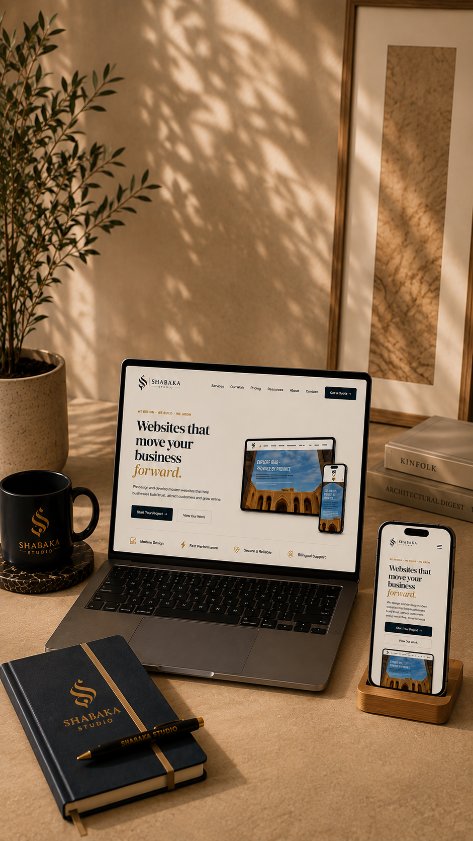 Shabaka Studio website displayed on laptop and mobile in a professional workspace